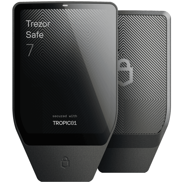 Front and back of the Trezor Safe 7 hardware wallet
